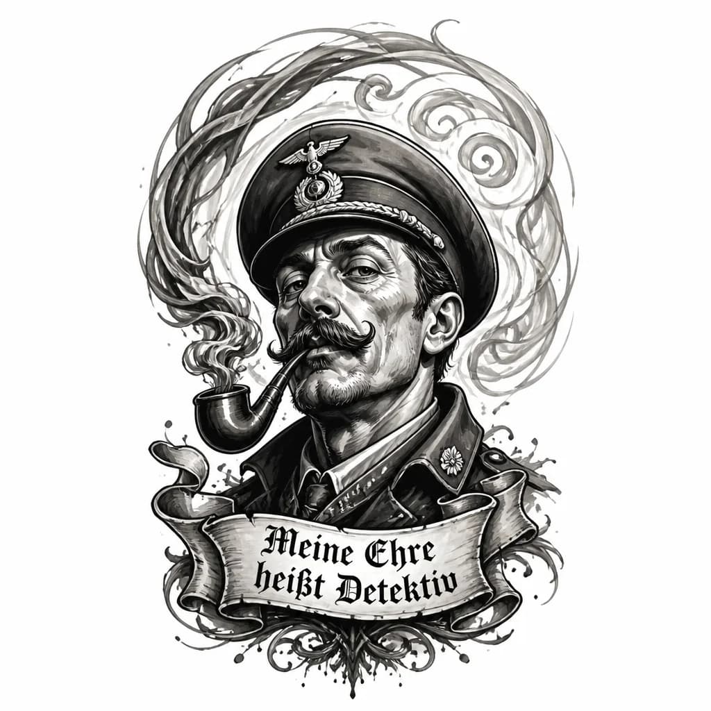 Тату эскиз: «Будда Ланда»
Штандартенфюрер Ганс Ланда в ракурсе «портрет будды», но в гротескном евротрэше. Линии грубые. Вместо ушниши (шишки мудрости на макушке) — его фуражка СС. Дым от его трубки закручивается в спирали, образуя нимб. Внизу подпись девизом СС, переиначенным в «Meine Ehre heißt Detektiv».