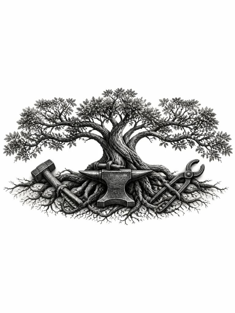 Тату эскиз: A stylized tree with roots transforming into blacksmith tools (hammer, anvil, tongs) and branches spreading upward, black and white line art, genealogical heritage symbol, monochrome ink, traditional tattoo design, intricate linework, balanced composition, tattoo flash sheet illustration, white background, high contrast, clean lines