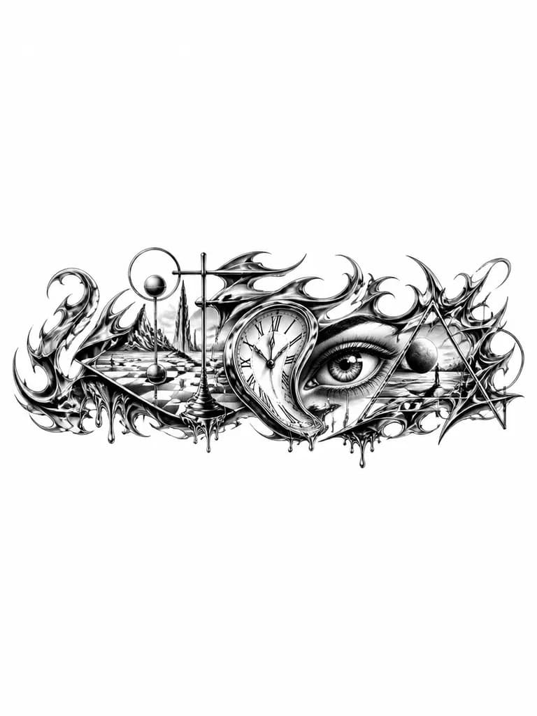 Тату эскиз: Abstract flames merging with molten metal form, flowing organic shapes combined with geometric metallic lines, black and white ink, high contrast monochrome, dynamic energy, tattoo style, artistic fusion of fire and steel elements, intricate details, tattoo flash sheet illustration, white background, high contrast, clean lines