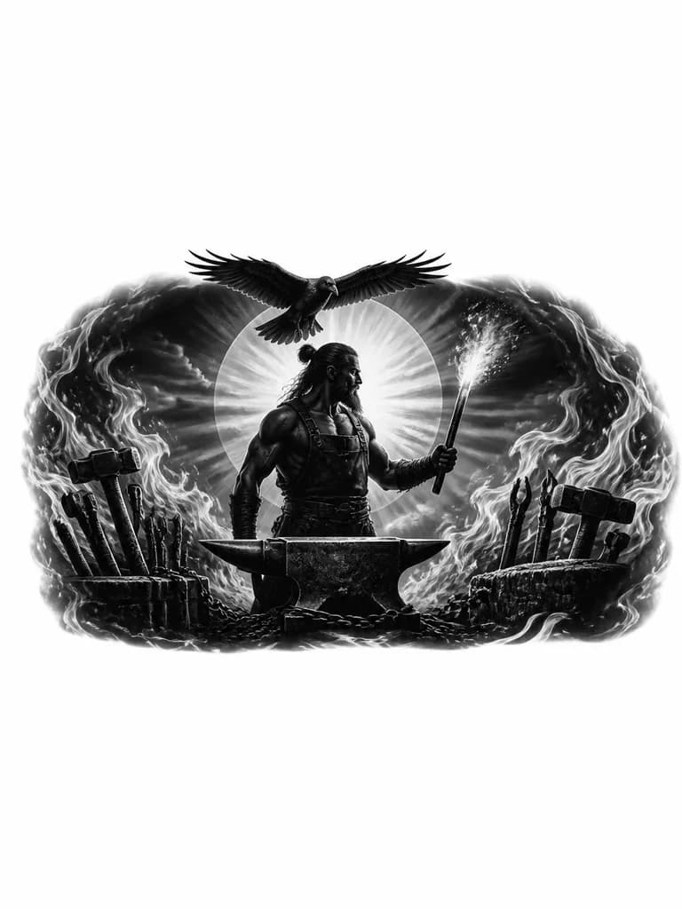 Тату эскиз: A silhouette of a blacksmith holding a glowing hot metal tool like a torch against a large rising sun, a mystical bird or raven flying above his head, hammer and anvil elements visible, flames and light radiating outward, black and white high contrast ink, monochrome style, tattoo flash sheet illustration, white background, high contrast, clean lines