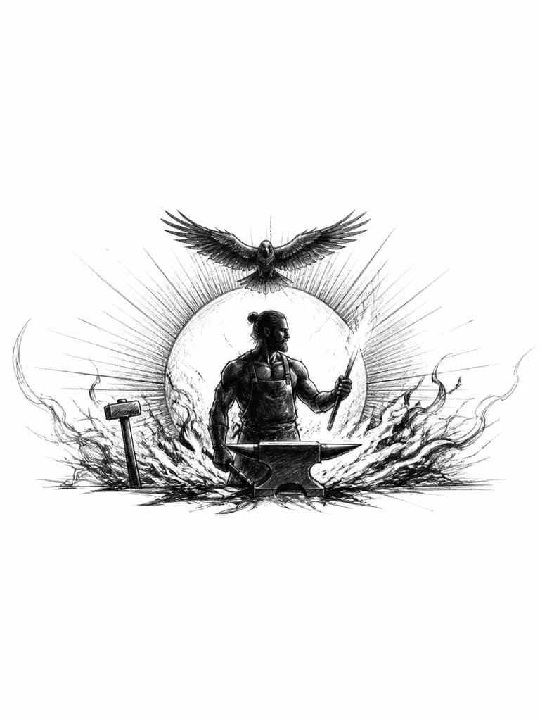 Тату эскиз: A silhouette of a blacksmith holding a glowing hot metal tool like a torch against a large rising sun, a mystical bird or raven flying above his head, hammer and anvil elements visible, flames and light radiating outward, black and white high contrast ink, monochrome style, tattoo flash sheet illustration, white background, high contrast, clean lines