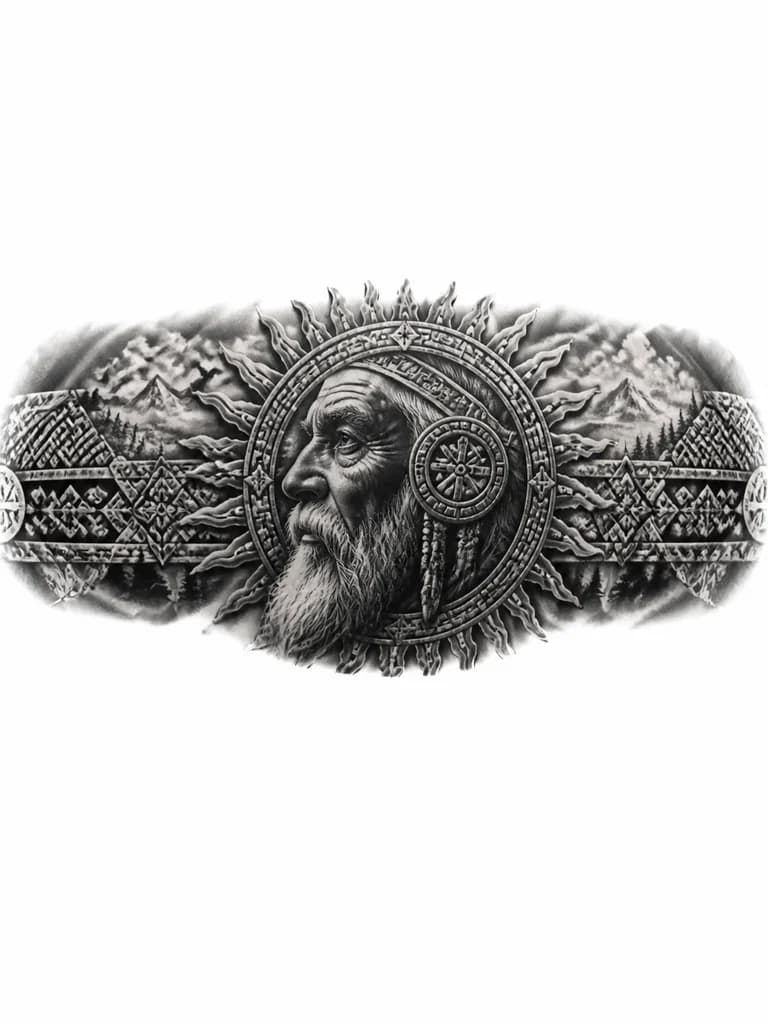 Тату эскиз: Concentric sun rays with traditional folk patterns and geometric ornaments, wise old man profile integrated in the center, black and white ink monochrome style, intricate mandala-like circular design, ancient cultural symbols and heritage motifs woven throughout, fine detailed line work, tattoo flash sheet illustration, white background, high contrast, clean lines