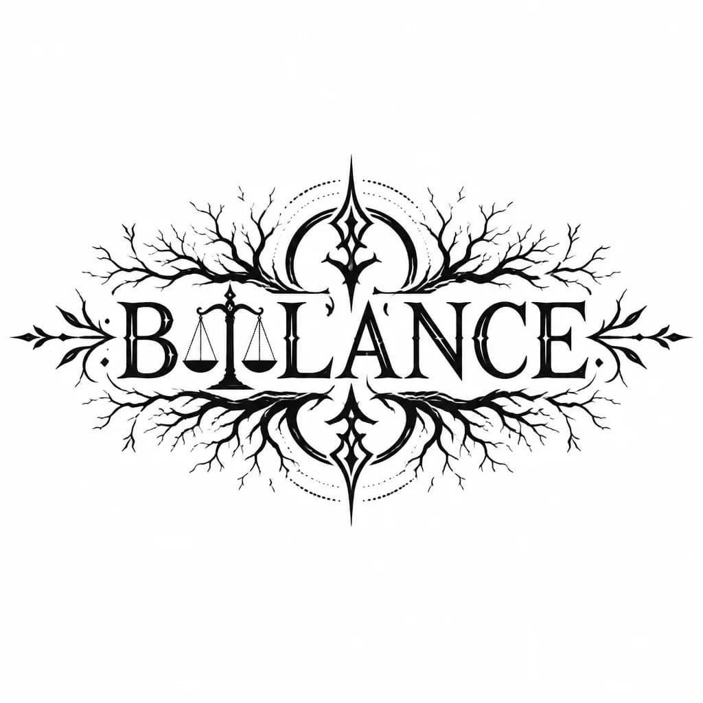 Тату эскиз: тату на груди слово balance? ВМЕСТО второй БУКВЫ А, ЗАМЕНИТЬ НА ЗНАЧОК ВЕСОВ астрология. ветками деревьев