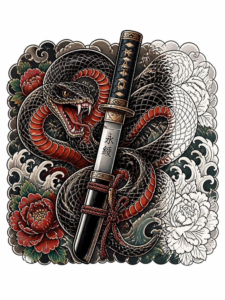 Тату эскиз: Основной запрос:
Japanese full-body irezumi tattoo design panel, traditional tebori style with bold black outlines (sumihagiri) and deep saturated colors. A tanto dagger is being slowly drawn from its dark lacquered saya. The blade features a deeply engraved Japanese kanji "Eitei" (永綬) — Eternity/Immortality. On the hilt's silk wrapping (ito-maki), there are vertically inscribed characters "KATO".
A massive serpent coils aggressively around the exposed blade and grip. Exactly half of the snake'