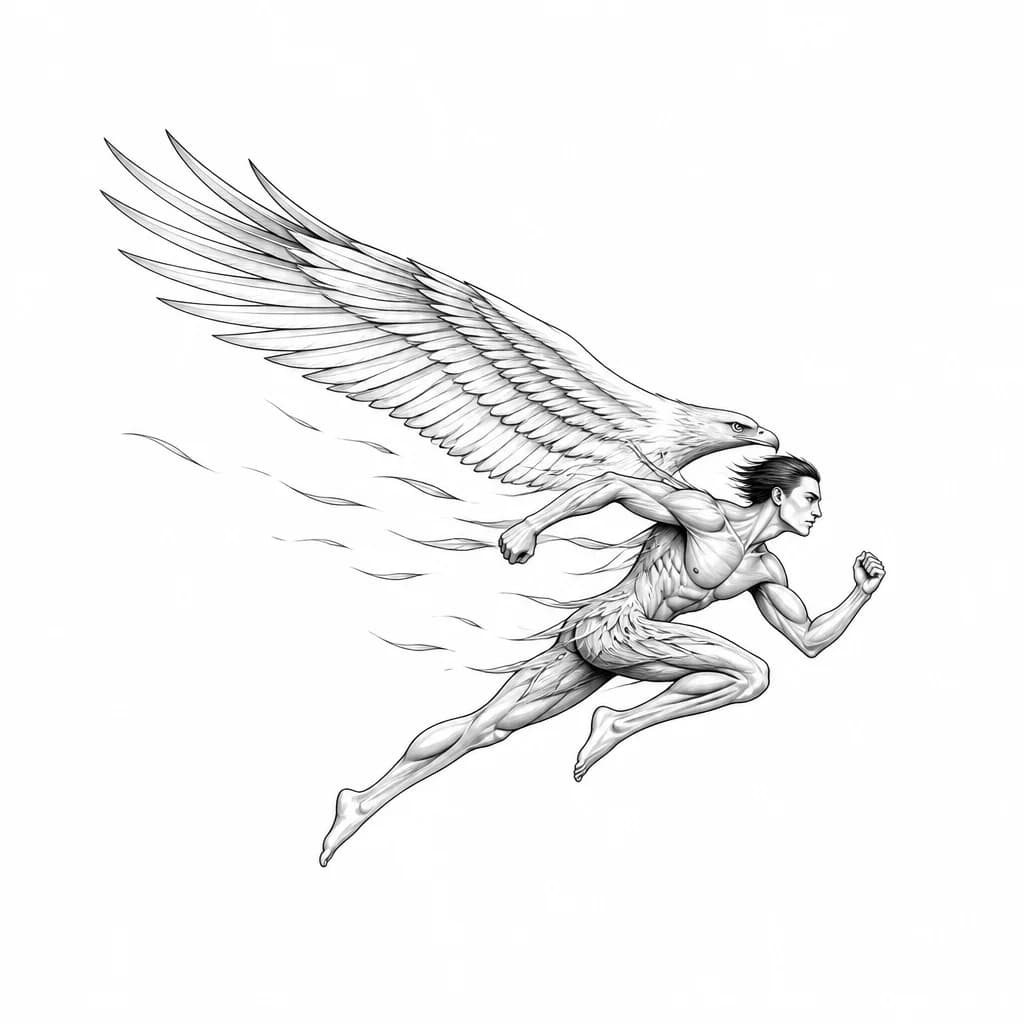 Тату эскиз: An eagle in flight with wings spread wide, where the eagle's body gradually transforms into an athletic human figure mid-sprint or jump, muscular definition flowing into feathers, sense of wind and motion throughout, black and white ink style, monochrome, minimalist details, tattoo flash sheet illustration, white background, high contrast, clean lines