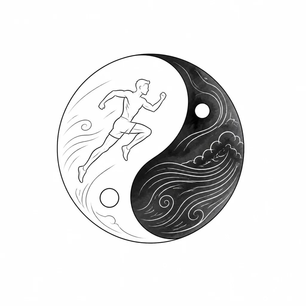 Тату эскиз: Yin-yang symbol where the light half contains an athlete figure in motion - running, jumping, or in sports pose - with subtle air current lines, while the dark half shows wind patterns, clouds, or flowing air movement, creating perfect balance between action and stillness, black and white monochrome, tattoo flash sheet illustration, white background, high contrast, clean lines