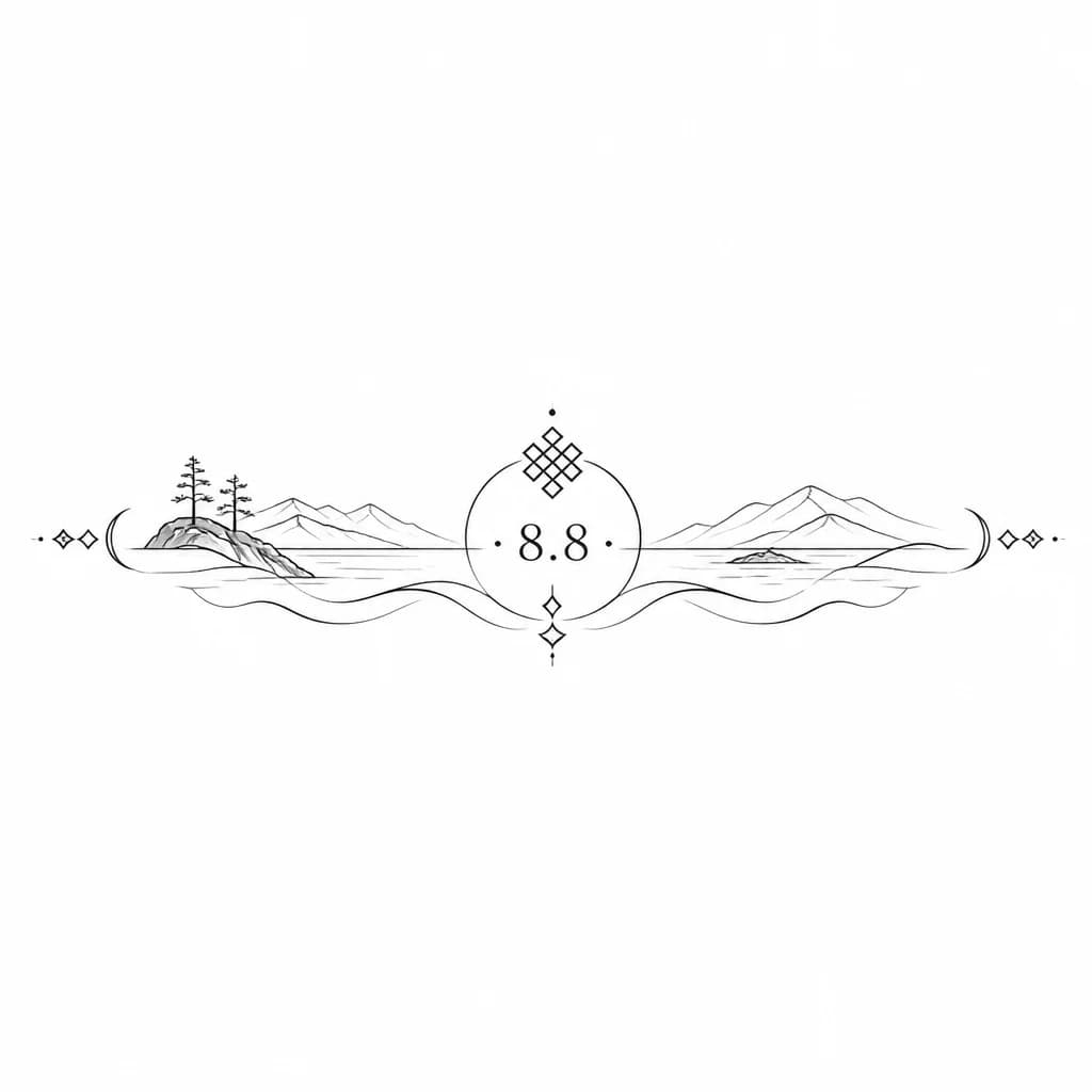 Тату эскиз: тату связаное с числом 8.8, дата когда начали встречаться, и чтоб была бурятская символика, с байкалом связанное