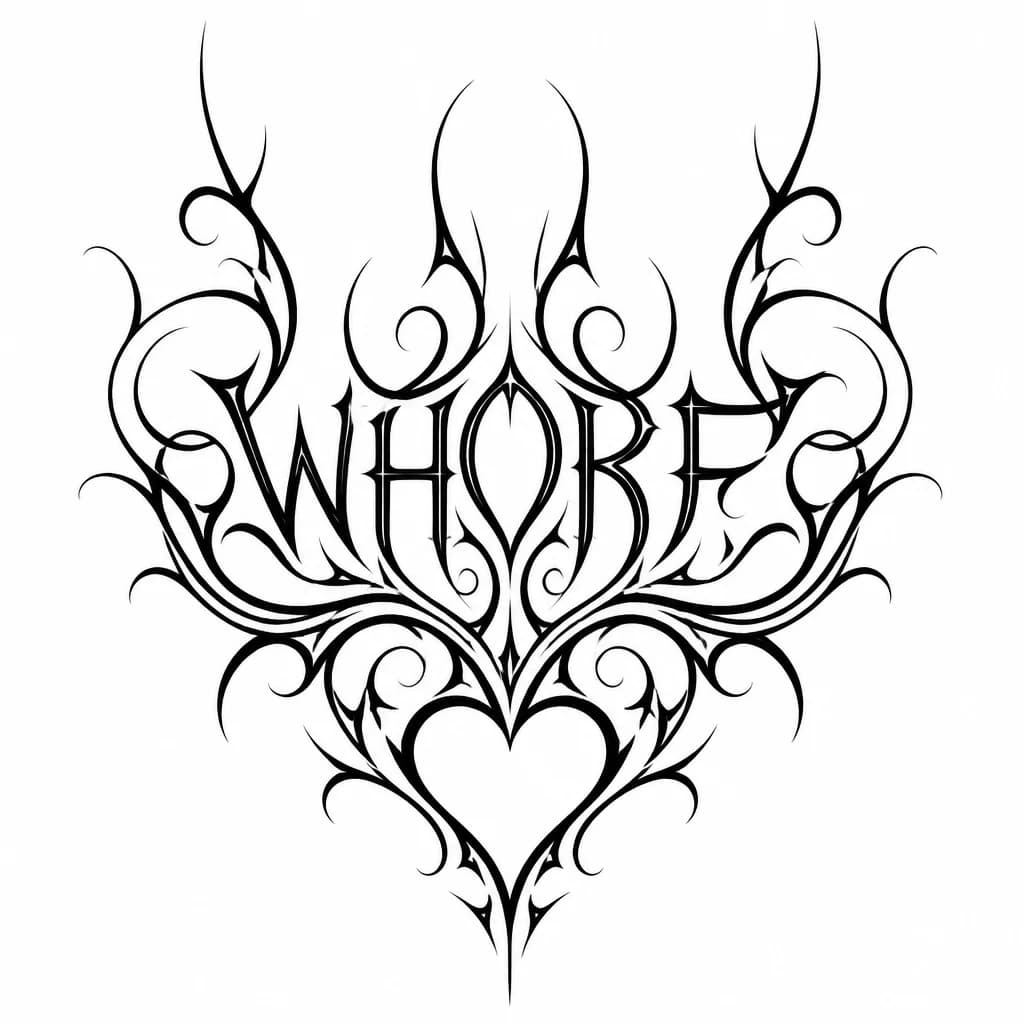 Тату эскиз: ornamental tribal filigree design, the word "WHORF"seamlessly
merged into the scrollwork lines so the letters are formed by the
flourishes themselves, open top with flowing curves and thin spikes
radiating outward and upward, no closed arch or dome at the top,
symmetrical composition, heart-shaped negative space at the base,
swirling vine-like tribal ornament, sharp thin gothic letter edges
blended into the linework, monochrome black ink on white background,
fine line art, clean vector ta