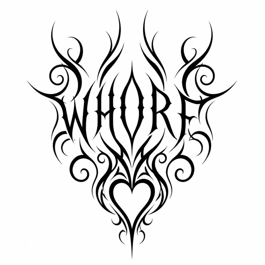 Тату эскиз: Womb tattoo filigree design, the word "WHORF"seamlessly
merged into the scrollwork lines so the letters are formed by the
flourishes themselves, open top with flowing curves and thin spikes
radiating outward and upward, no closed arch or dome at the top,
symmetrical composition, heart-shaped negative space at the base,
swirling vine-like tribal ornament, sharp thin gothic letter edges
blended into the linework, monochrome black ink on white background,
fine line art, clean Vector