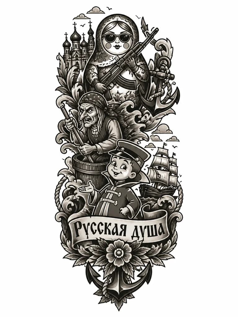 Тату эскиз: Русский чикано ,где будут : матрешка с автоматом и очками, баба яга, Вовка из советского мультика,и русские орнаменты