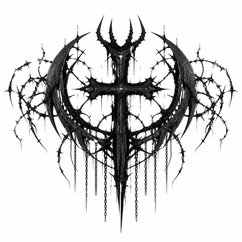 Тату эскиз: Abaddon — «Печать Черного Всадника» Основа — массивный вертикальный символ, напоминающий сломанный крест. По бокам — тяжелые дуги, похожие на доспехи. Верх венчают четыре коротких рога. Нижняя часть распадается на длинные цепи из тонких линий. Между элементами остаются большие пустые зоны, усиливающие мрачность. Не слишком много деталей