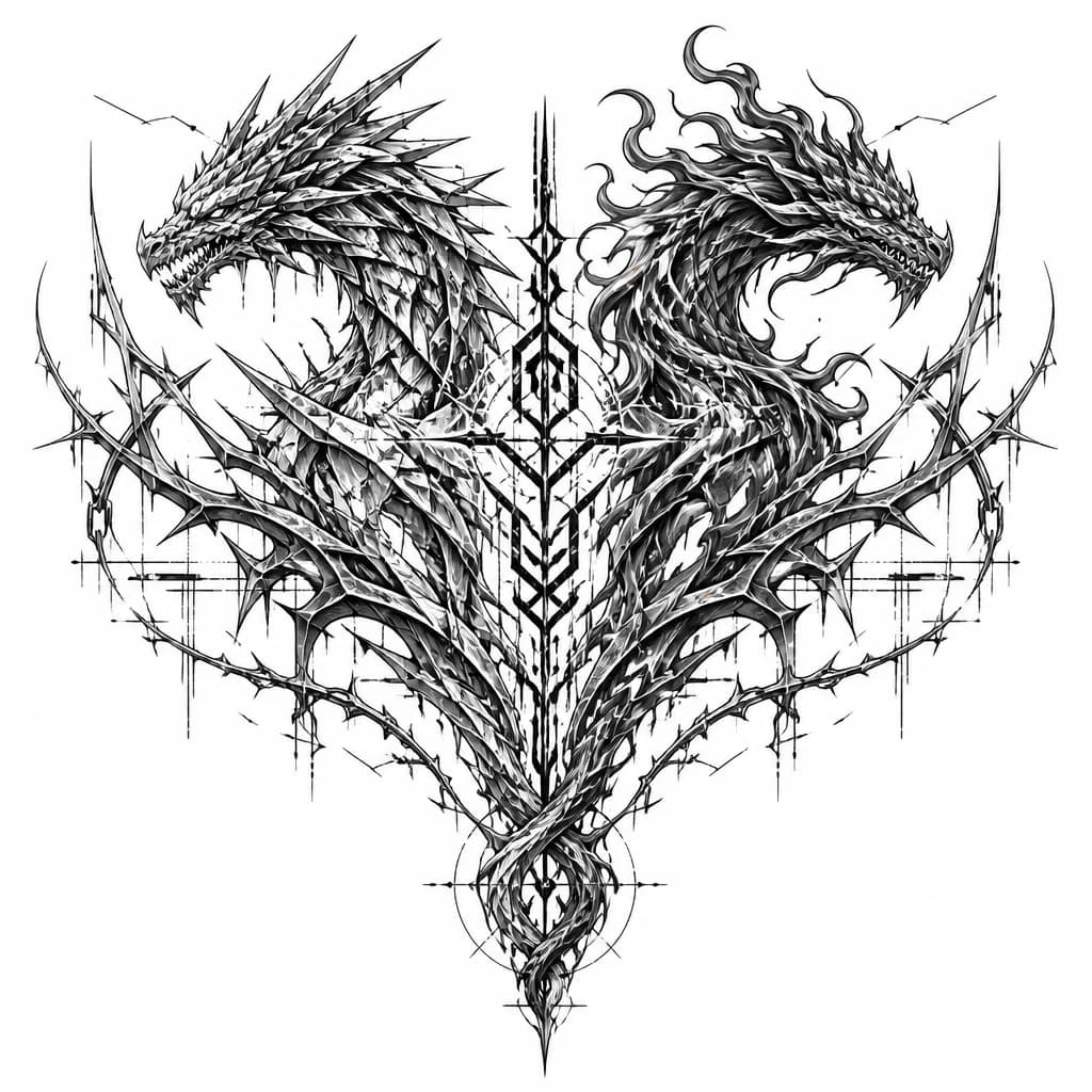 Тату эскиз: Jakiro — «Две стихии, одно сердце»
Композиция:
В центре спины проходит один длинный вертикальный сигил. От середины вверх расходятся две разные «шеи», образуя силуэт двух голов дракона. Левая сторона состоит из острых, ломаных линий (лед). Правая — из плавных, изогнутых линий (огонь). Внизу обе стороны снова сходятся в единый хвост, уходящий к пояснице.