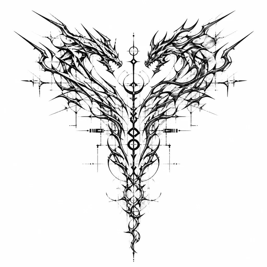 Тату эскиз: Jakiro — «Две стихии, одно сердце»
Композиция:
В центре спины проходит один длинный вертикальный сигил. От середины вверх расходятся две разные «шеи», образуя силуэт двух голов дракона. Левая сторона состоит из острых, ломаных линий (лед). Правая — из плавных, изогнутых линий (огонь). Внизу обе стороны снова сходятся в единый хвост, уходящий к пояснице.
Особенность:
Никаких голов, чешуи или пламени — только намек на двойственную природу героя через форму. Не много деталей, возможно создат