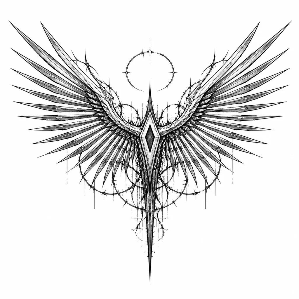 Тату эскиз: Skywrath Mage — «Небесная Печать»
Композиция:
В центре грудины со стороны спины — вытянутый ромб. Из него расходятся большие крылья, занимающие почти всю ширину лопаток. Каждое крыло состоит всего из 5–7 длинных «перьев»-лезвий. Над центром — тонкий разомкнутый нимб. Вниз уходит длинное копьеобразное окончание вдоль позвоночника.
Особенность:
Очень чистая и монументальная форма. Даже издалека читается как единый символ.
Не слишком много деталей, возможно для воссоздания