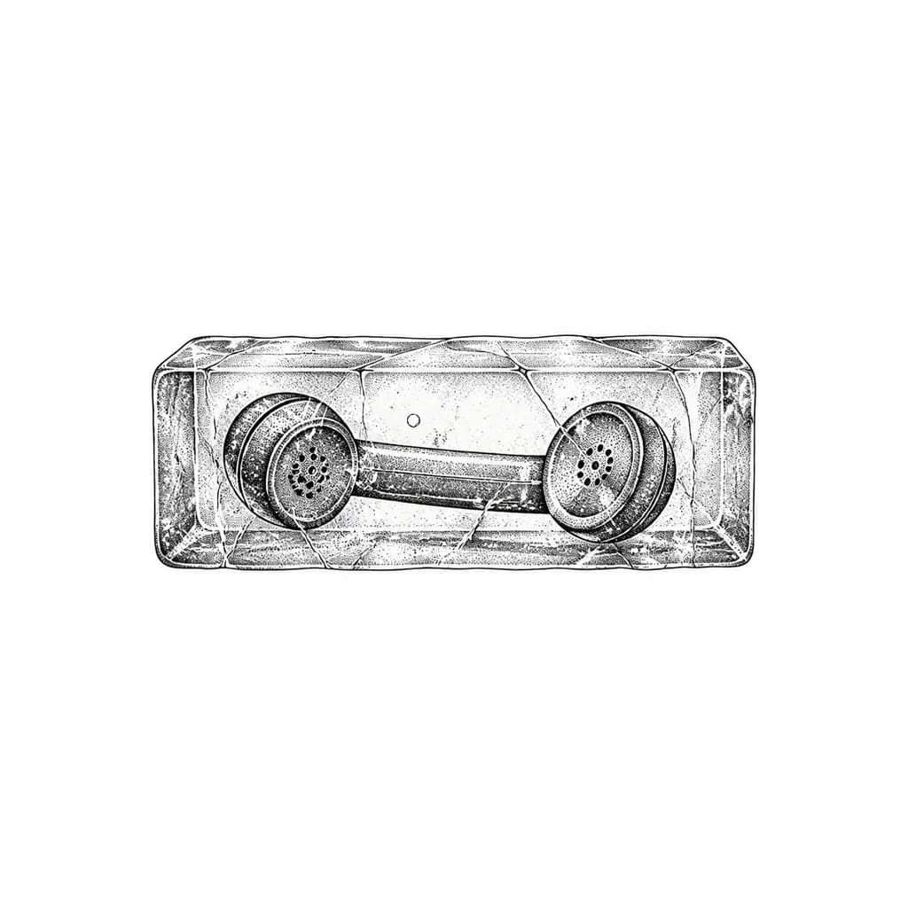 Тату эскиз: Minimalist dotwork tattoo design, monochrome black ink, a vintage rotary telephone handset completely frozen inside a sharp, clear ice cube. Intricate dotwork texture showing cracks, frost, and air bubbles inside the ice. Clean solid black outlines, stipple shading, white background, vertical composition suitable for a forearm tattoo, flash sheet style, no color --ar 3:4