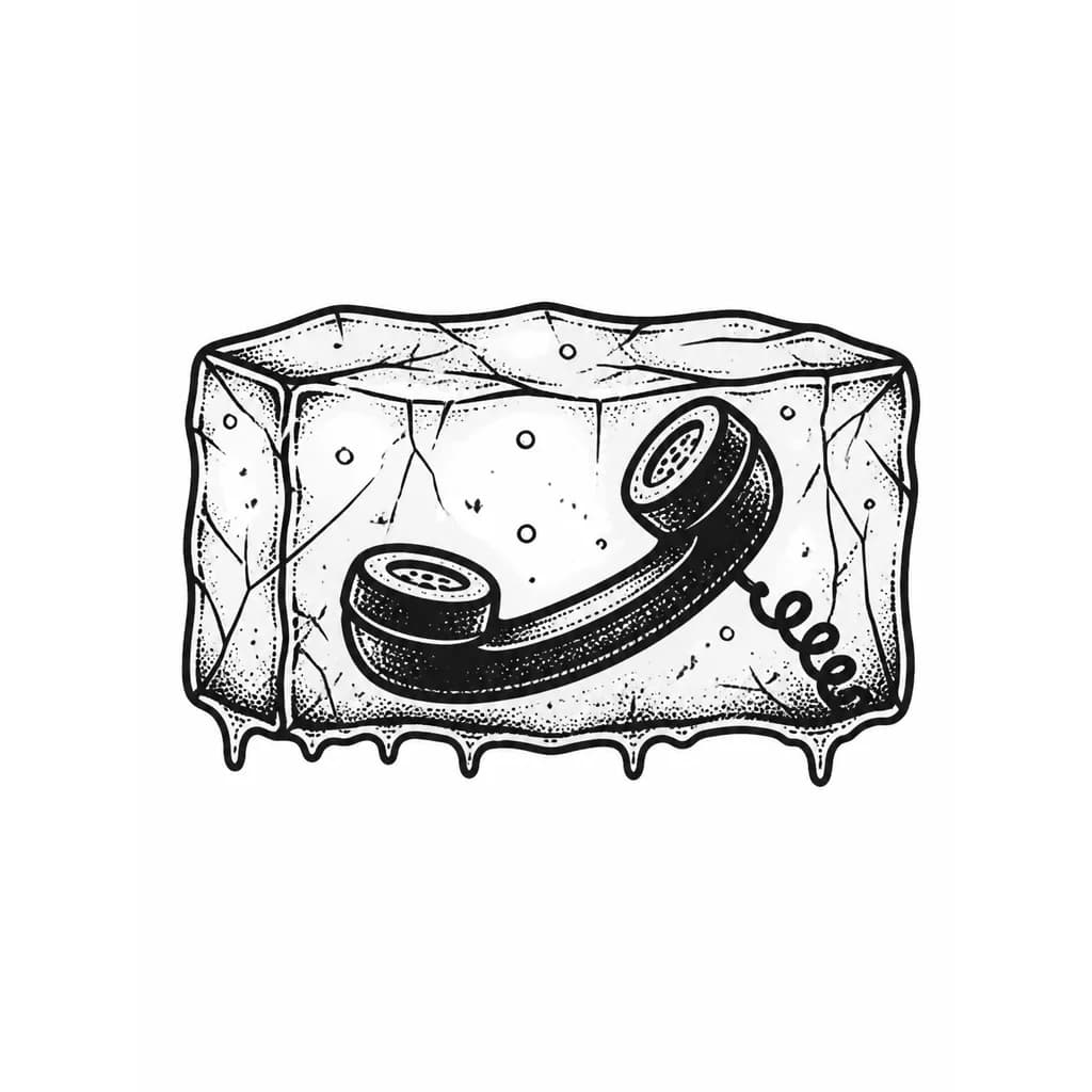 Тату эскиз: Minimalist dotwork tattoo design, monochrome black ink, a vintage rotary telephone handset completely frozen inside a sharp, clear ice cube. Intricate dotwork texture showing cracks, frost, and air bubbles inside the ice. Clean solid black outlines, stipple shading, white background, vertical composition suitable for a forearm tattoo, flash sheet style, no color --ar 3:4