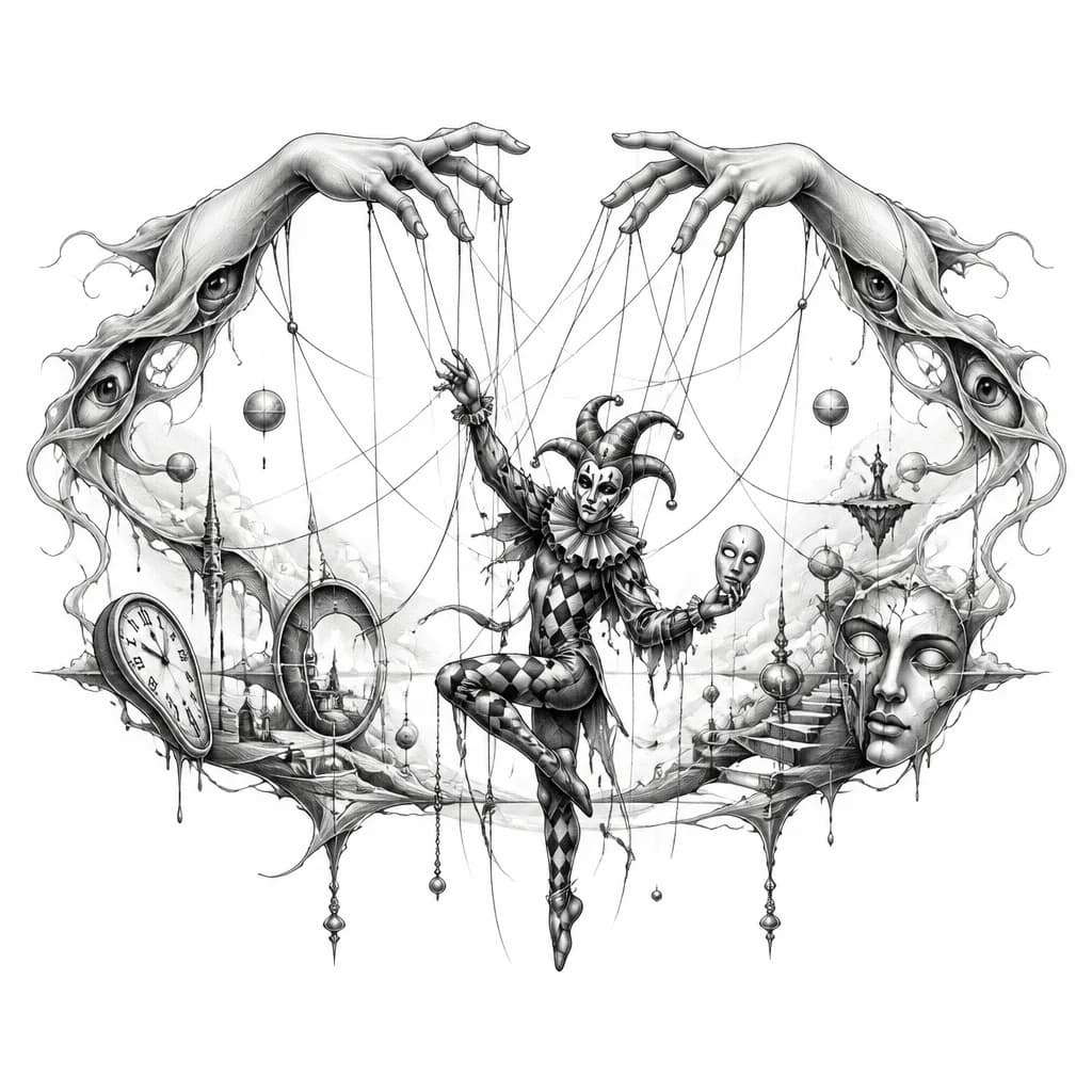 Тату эскиз: Сверху две руки, в пальцах нитки которые ведут к арлекино, у арлекино одна рука поднята наверх а второй руке маска, лицо с маской также, одежда праздничная