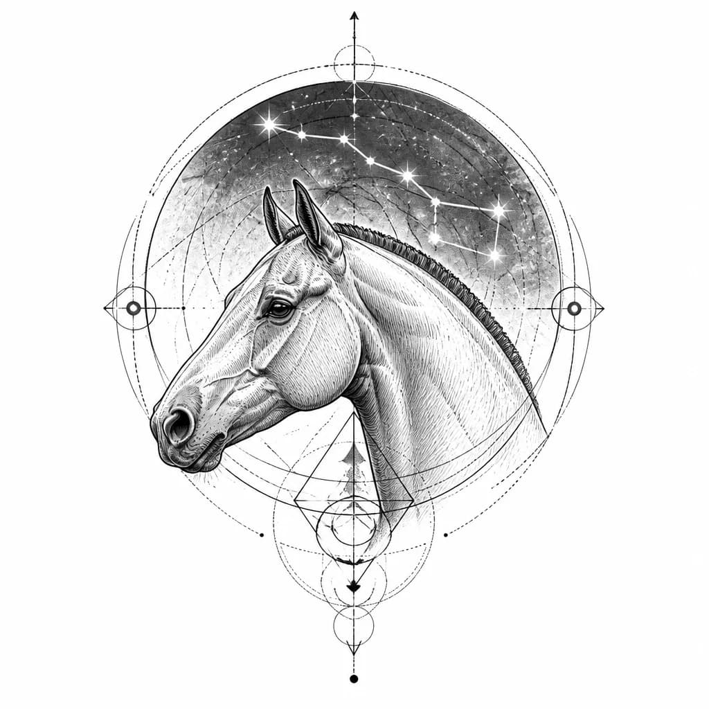 Тату эскиз: Большая медведица на фоне . главная картинка лошадь ее голова и шея у лошади коротко стрижена грива фсе в черно белом стиле штрихами