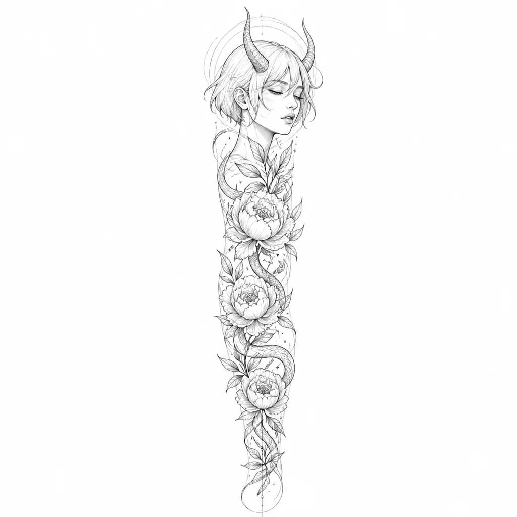 Тату эскиз: Татуировка на руке. Сверху расположено лицо девушки с рогами и короткой стрижкой переходящее в цветы (пионы), а между пионами вьется змея.
