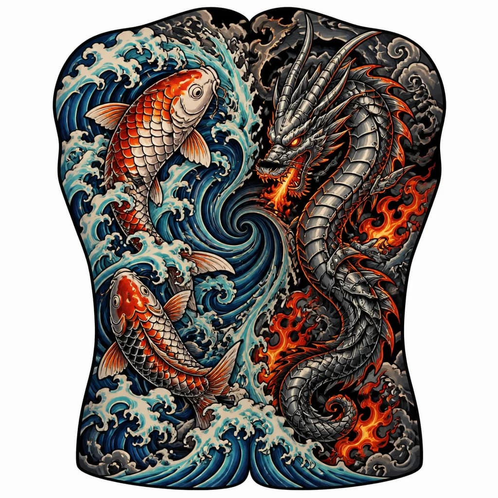 Тату эскиз: Full back Irezumi tattoo: whirlpool divides design. Left: two koi fish in waves, detailed scales. Right: steel dragon with metal plates, glowing edges, flames from mouth. Traditional waves near shoulders, wave crest at lower back. Colors: deep blue, turquoise, silver, red-orange, bold black outlines.