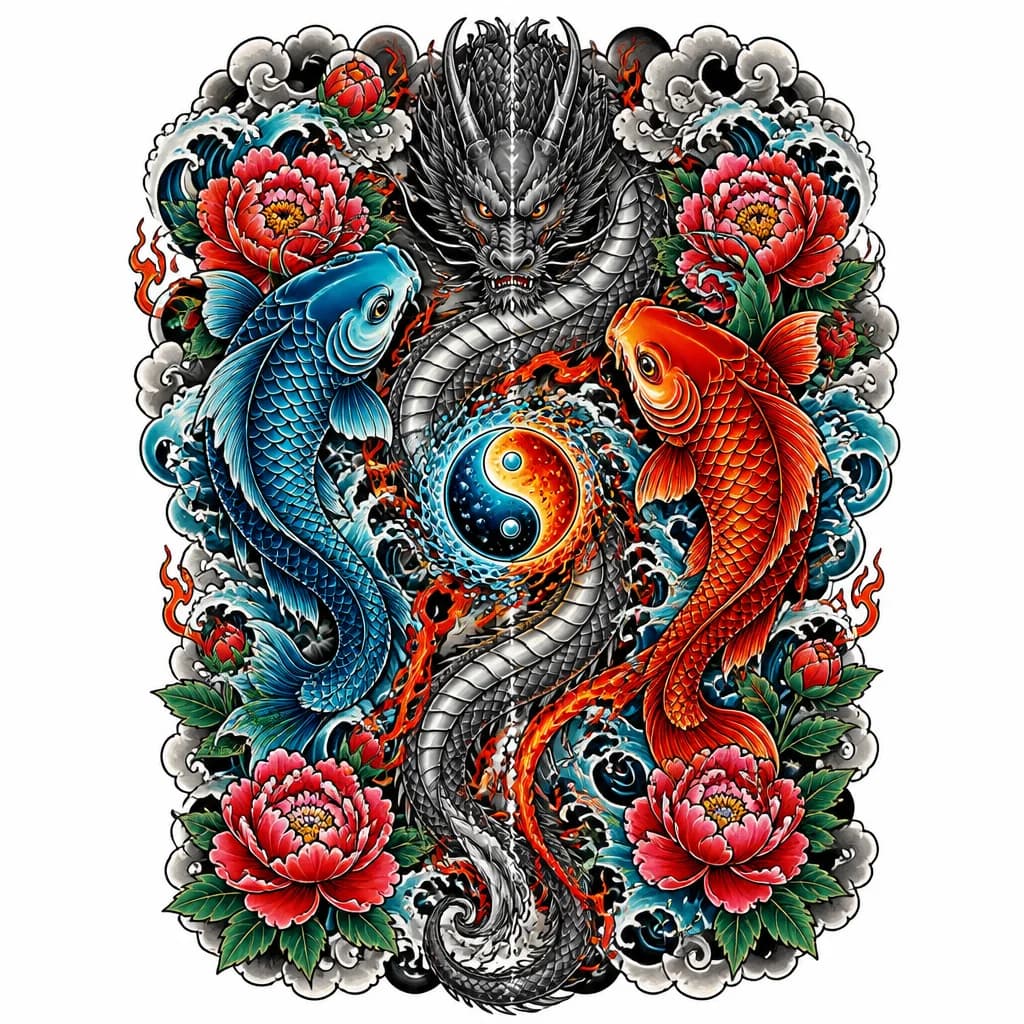 Тату эскиз: Full back Irezumi: symmetrical duel around spine. Two fish face each other, S-curved bodies. Steel dragon wraps spine, hammered metal texture. Center: yin-yang from water drops and sparks. Steam, smoke, large peonies on sides. Colors: blue-cyan, grey-silver, red-orange, green, bold black outlines.