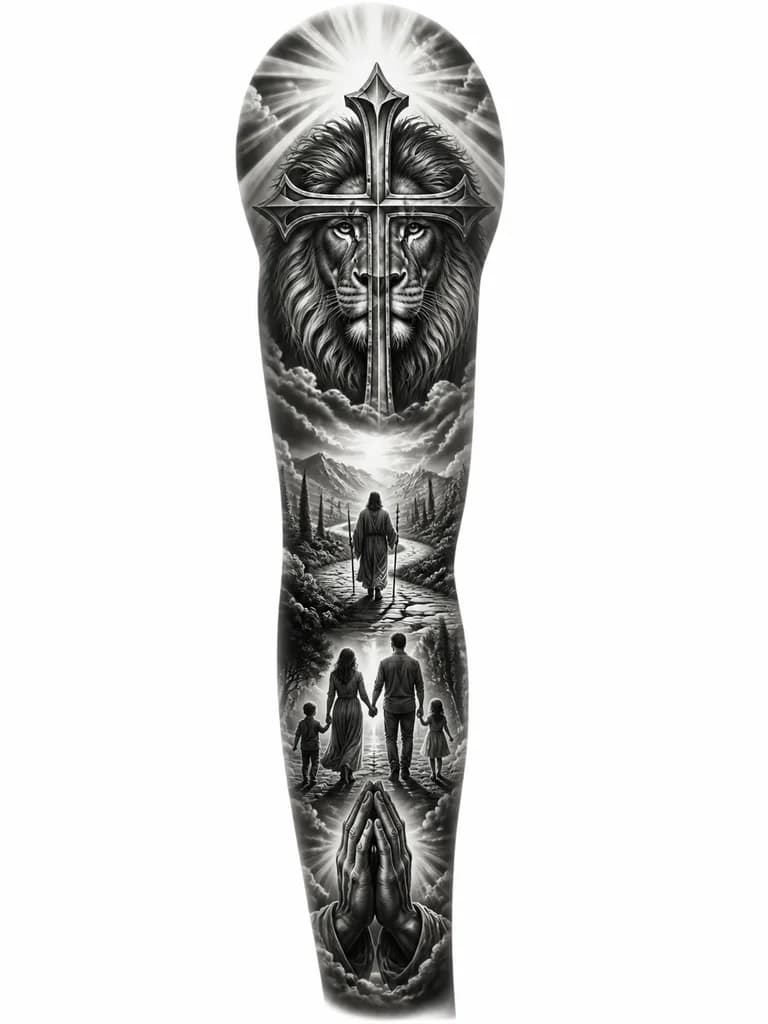 Тату эскиз: Graphic tattoo design of a majestic lion head integrated inside a Christian cross, full sleeve layout, forearm orientation. Elements of family unity, a path/road fading into the distance, and divine rays of light breaking through clouds. Clean fine-line graphics style, sharp black ink work, dotwork shading, high contrast, clean white background, tattoo flash sheet --no color, photo, realistic, 3d, skin, background, text, frame, gradient