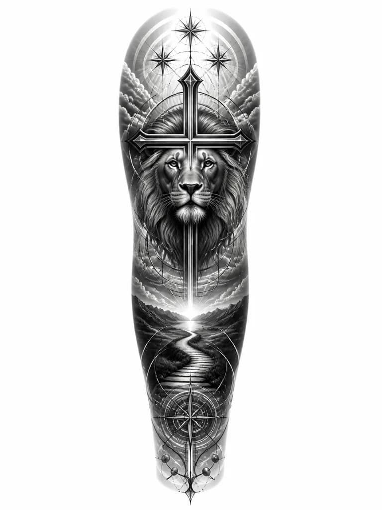 Тату эскиз: Graphic tattoo design of a calm, majestic lion head integrated inside a Christian cross, forearm full sleeve orientation. Sacred geometry elements with clean thin lines, circles, and symmetrical shapes framing the composition. Three geometric stars at the top of the cross symbolizing family bond. A path fading into the distance beneath the cross. Sharp black ink, fine-line graphics, high contrast, dotwork shading, clean white background, tattoo flash --no anger, roar, colors, skin, background,