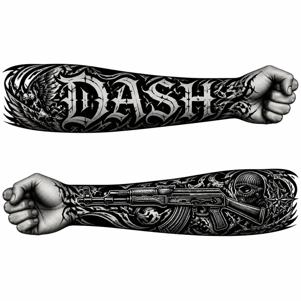 Тату эскиз: Нарисуй тату на предплечье где надпись DASH готическим шрифтом на все предплечье с внешний стороны а с внутриней стороны автомат Калашникова тоже на все предплечье и сделай так что ты тату была заполнена на руке, не чтобы просто надпись и калаш а как нибудь разрисуй свободные места