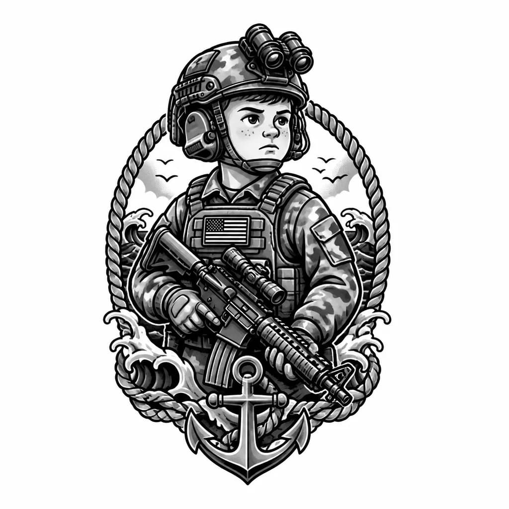 Тату эскиз: Барт Симпсон в военной форме России, в бронежилете, шлеме с активными наушниками и тепловизором, с автоматом Калашникова в руках