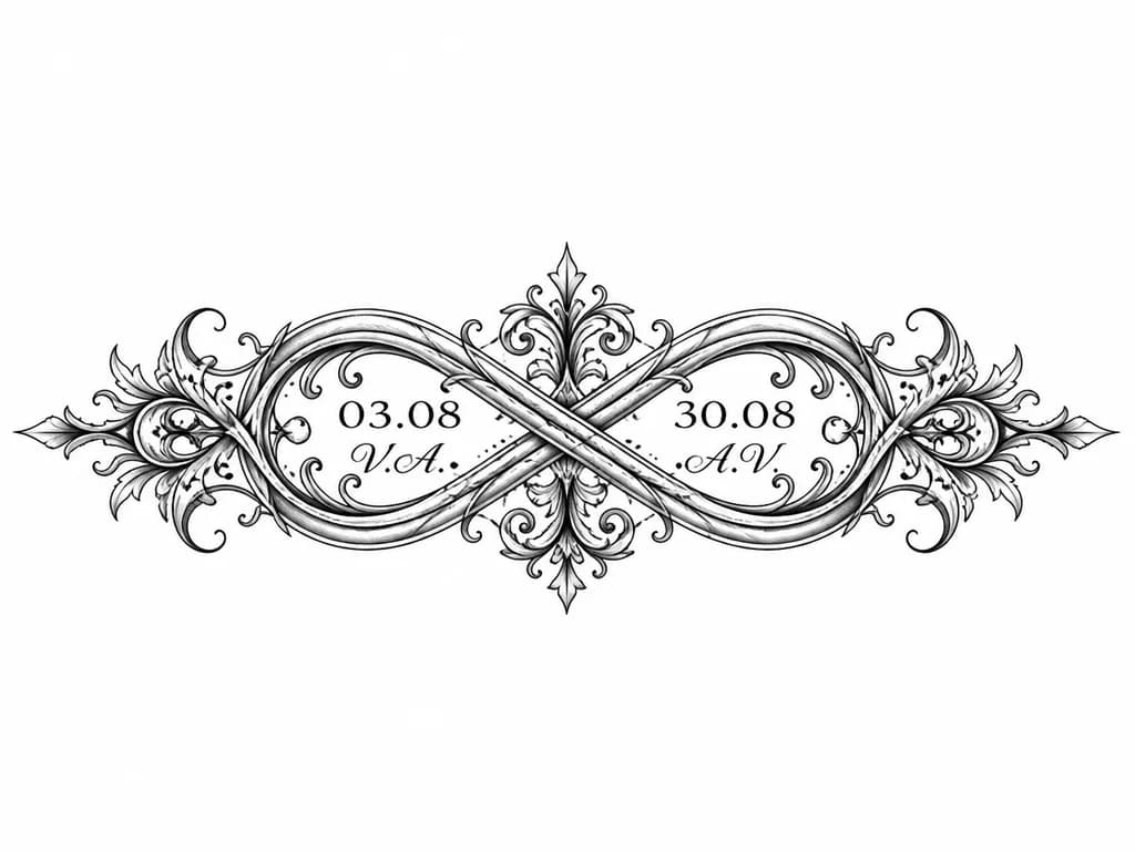 Тату эскиз: Даты 03.08 и 30.08 пересекаются нулями в виде знака бесконечности. Рядом с 03.08 инициалы V.A., рядом с датой 30.08 инициалы A.V.