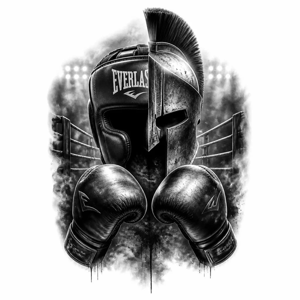 Тату эскиз: На половину боксёр в шлеме everlast на половину Спартанец в шлеме, плюс перчатки боксерские без тела и рук, ринг, свет, тени