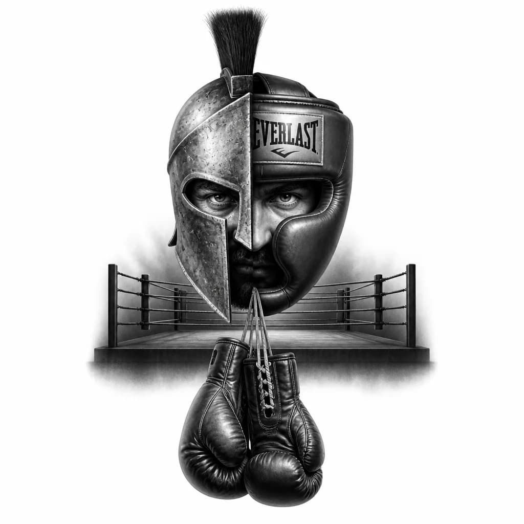 Тату эскиз: На половину Спартанец в шлеме, на половину боксёр в шлеме everlast глаза видны, без тела и рук, боксерские перчатки на шнурках висящие в низ, ринг, тени
