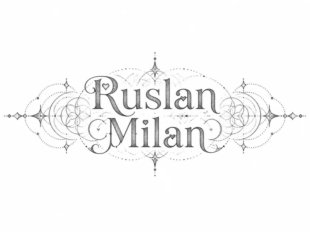 Тату эскиз: На английском языке на предплечье имя Руслан а под ней близко имя Милан с символами сердечек в буквах