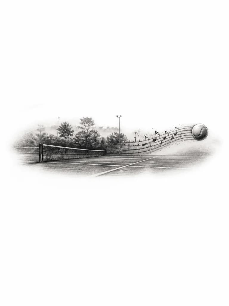 Тату эскиз: Теннисный корт, линии не четкие, но узнаваемые формы. Летит теннисный мяч, оставляя короткую траекторию полета в виде музыкальных нот.
