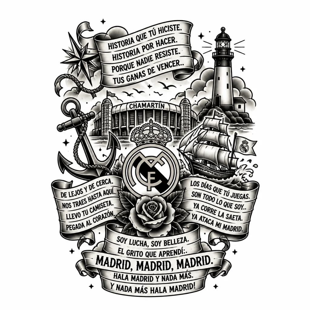 Тату эскиз: Historia que tú hiciste
Historia por hacer
Porque nadie resiste
Tus ganas de vencer.
Ya salen las estrellas
Mi viejo Chamartín
De lejos y de cerca
Nos traes hasta aquí.
Llevo tu camiseta
Pegada al corazón
Los días que tú juegas
Son todo lo que soy.
Ya corre La Saeta
Ya ataca mi Madrid
Soy lucha, soy belleza
El grito que aprendí:
Madrid, Madrid, Madrid
Hala Madrid y nada más
Y nada más Hala Madrid!