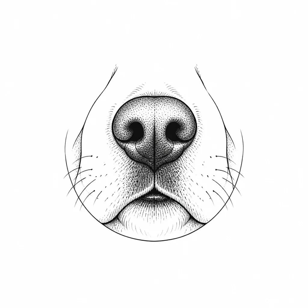 Тату эскиз: A minimalist black and white tattoo sketch of a dog, close-up on the nose and snout. Line art style, clean crisp outlines, subtle dot work for shading, white background, traditional tattoo flash style.