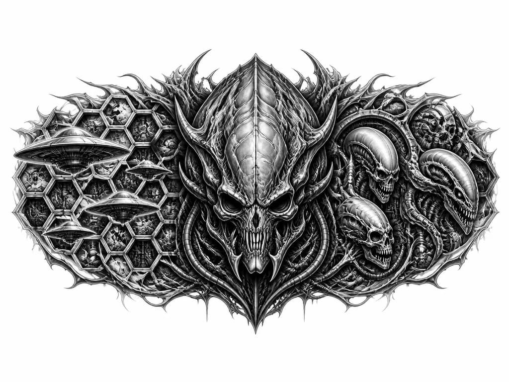 Тату эскиз: Грудная татуировка, объединяющая биомеханику с черепами и соты с НЛО. Справа — биомеханические узоры, чёткие контуры, минимум 3 нечеловеческих черепа, без перегруза деталями. Слева — нереалистичные летающие тарелки на фоне сот, в сотах — биомеханические отсылки. В центре — крупный нечеловеческий череп, стилизованный под синтез Warhammer 40k, «Чужой против Хищника» и зергов StarCraft 2. Общий стиль: чёткие линии, умеренная детализация, единая композиция, чёрно-серая гамма, акцент на контраст.