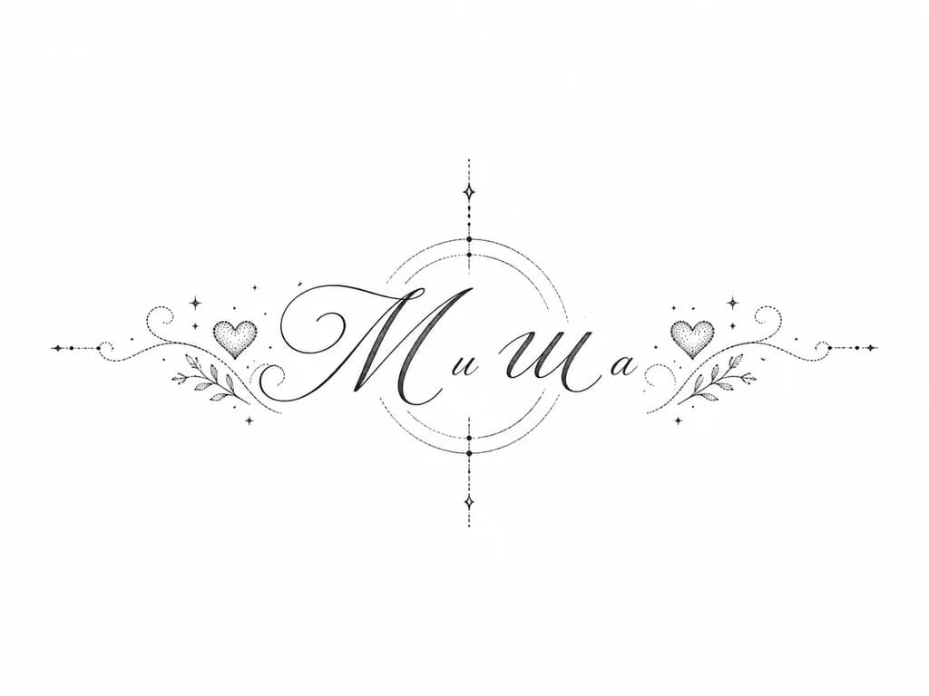 Тату эскиз: Имя Миша в минималистичном стиле. Буквы И и А должны быть меньше остальных. Шарифт в каллиграфияеском стиле, нежный курсив. По бокам тату романтичные нюансы.
