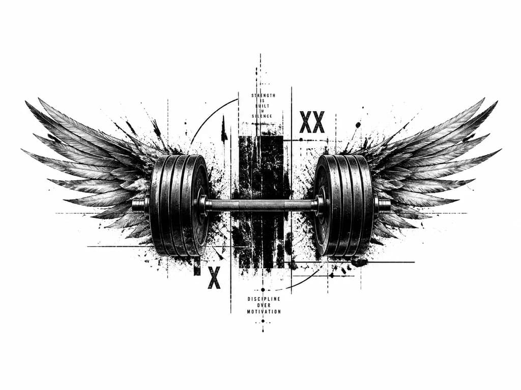 Тату эскиз: A heavy barbell with large spread wings emerging from both sides, monochrome black and white line art, minimalist and powerful design, geometric precision, athletic and symbolic imagery, tattoo flash sheet illustration, white background, high contrast, clean lines