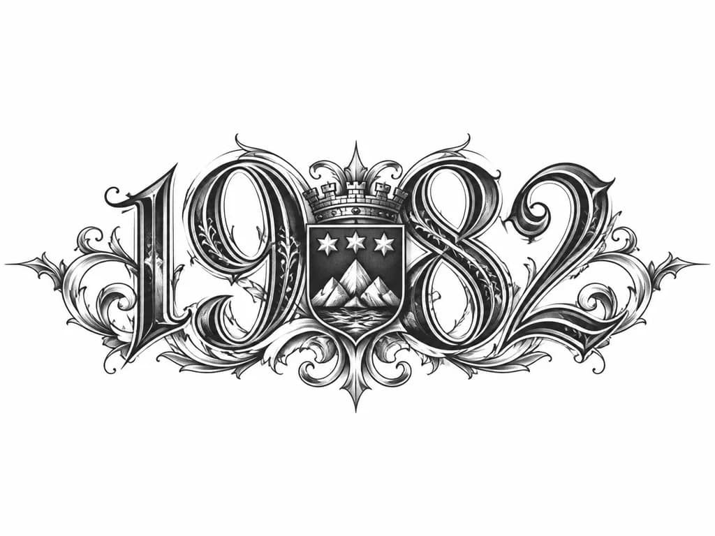 Тату эскиз: Нужно изобразить цифру 1982 в чёрно-белом исполнении. Внутрь цифр интегрировать герб города Белогорск, Амурской области.