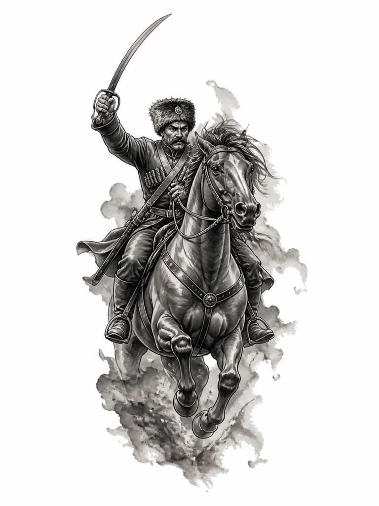 Тату эскиз: На первой картинке изображён всадник в военной форме старого образца, скорее всего казак или кавалерист, скачущий на лошади. Он держит в руке поднятую саблю, поза динамичная, как будто он движется в атаку или на полном ходу. Лошадь показана в движении, с поднятыми ногами, подчёркивается скорость и энергия. Общий стиль рисунка живописный, с цветами и мягкими переходами.