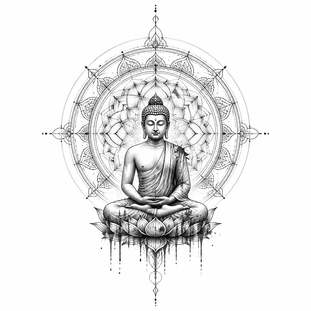 Тату Лотос на шее — эскиз Mandala