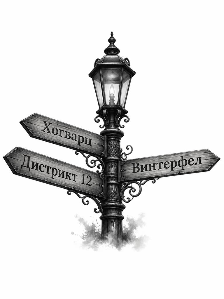 Тату эскиз: Фонарный столб в виде дорожного указателя, на котором в разные стороны деревянные указатели с надписями: Хогварц, Дистрикт 12, Винтерфел