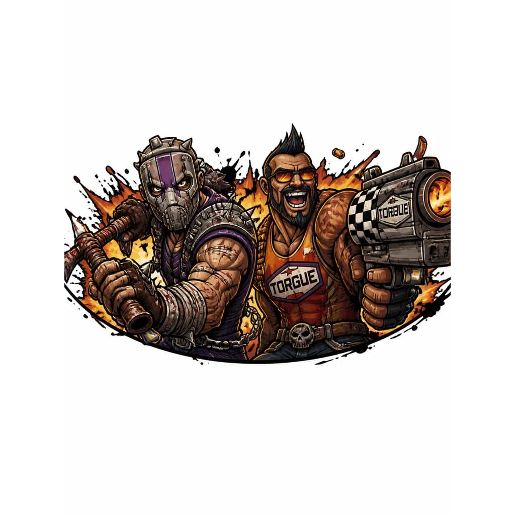 Тату эскиз: Tattoo flash sheet design of Krieg and Mister Torgue from Borderlands standing side by side on a forearm, iconic Borderlands cel-shading art style, bold black outlines, ink splatters, explosive background, action pose, 2D design, flat white background, vibrant colors --ar 3:4