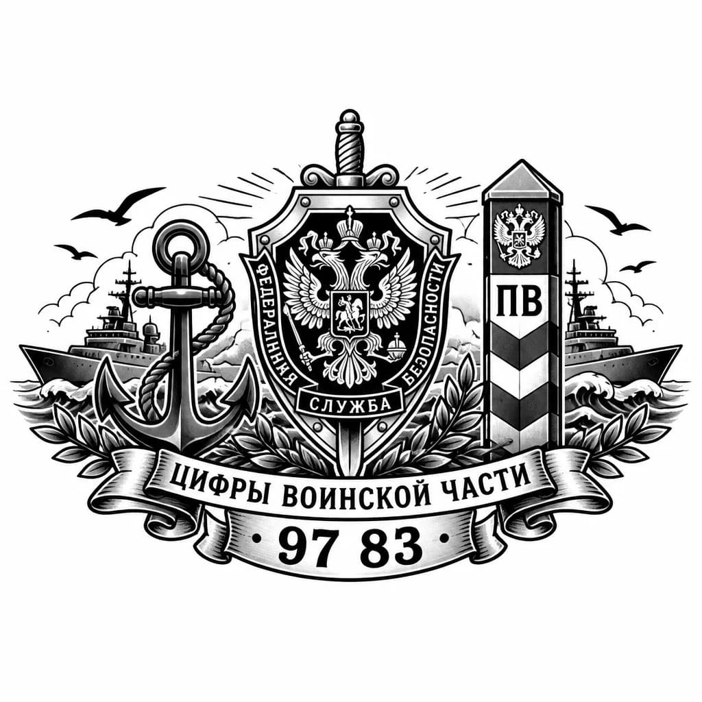 Тату эскиз: 'Армейское тату ПВ ФСБ: 'Черно-белый вариант татуировки современных пограничных органов на мужской груди
С официальной эмблемой ФСБ и пограничным столбом с надписью Пв
