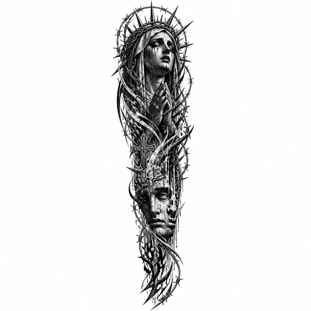 Тату эскиз: Dark Spanish Baroque full sleeve tattoo, religious art, weeping saint, dramatic lighting, sharp shadows, black and grey tattoo style, detailed stencil, realistic shading, fine lines.