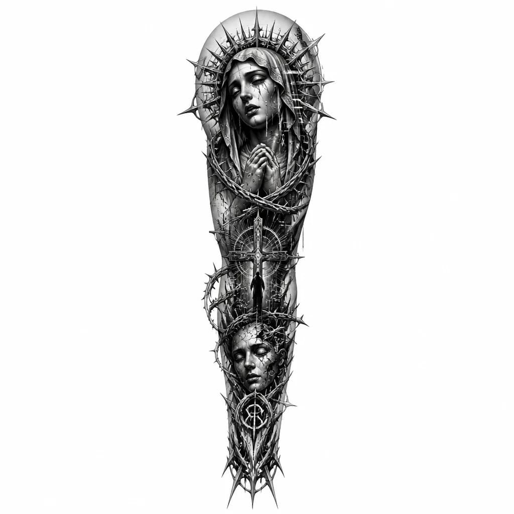 Тату эскиз: Dark Spanish Baroque full sleeve tattoo, religious art, weeping saint, dramatic lighting, sharp shadows, black and grey tattoo style, detailed stencil, realistic shading, fine lines.