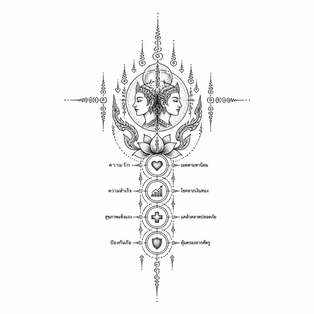 Тату эскиз: тату в виде рисунка или надписи в тайском стиле
про любовь, успех , здоровье, и защиту от врагов , мой зз близнецы