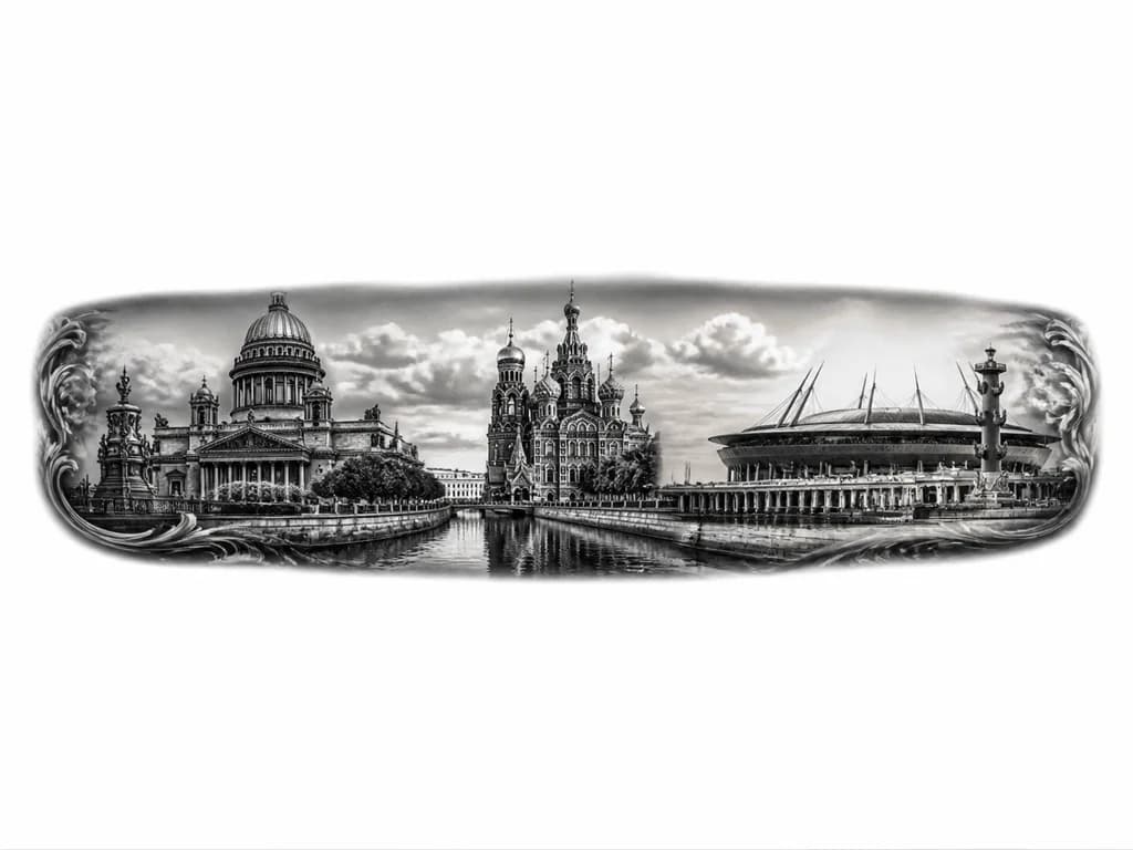 Тату эскиз: Город Санкт-Петербург, на котором будут расположены Исаакиевский собор, Спас на крови, и стадион "Петровский". Татуировка должны быть браслетом вокруг голени.