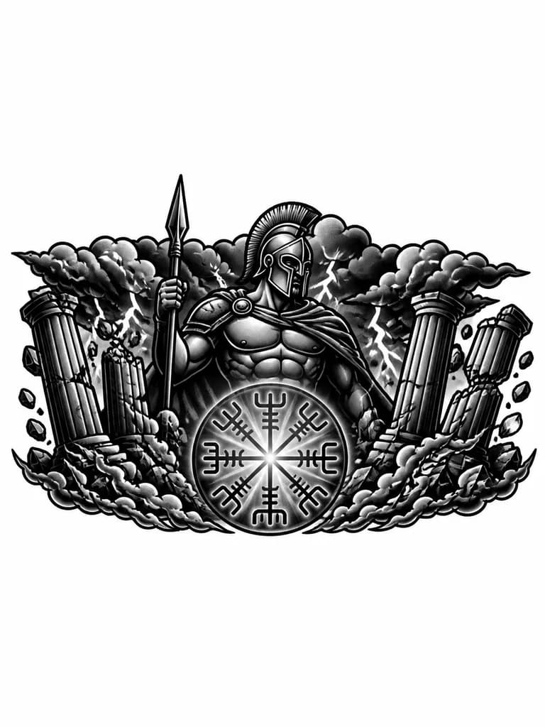 Тату эскиз: соедини два эскиза в один, Арес бог войны сверху, Вегвизир компас викингов снизу и дорисуй задний фон по промту На заднем плане — трещины в мраморных колоннах, падающие обломки, молнии и тёмные тучи. Это подчеркнёт разрушительную силу Ареса и метафору внутренней борьбы. Вегвизир может светиться в центре, как маяк в хаосе — символ того, что даже в разрухе ты найдёшь свой путь. Татуировка должна быть вертикальной Арес с копьём сверху Вегвизир снизу и сзади фон